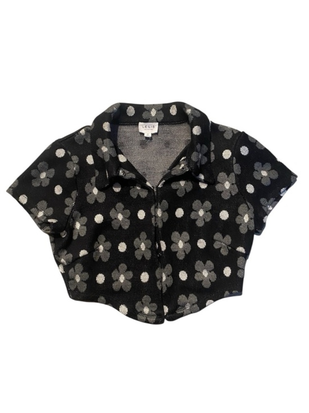 Le Lis Black Cropped Button-Front Top with Gray Floral Dots